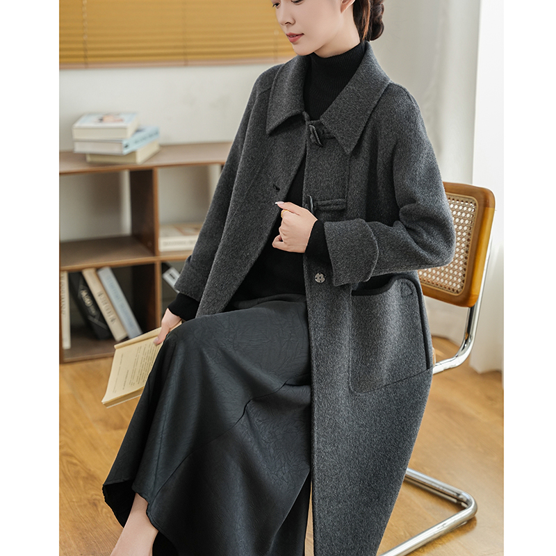 100%纯羊毛【hanziqiu/韩紫秋】双面羊毛大衣长款拼接复古秋冬外套J