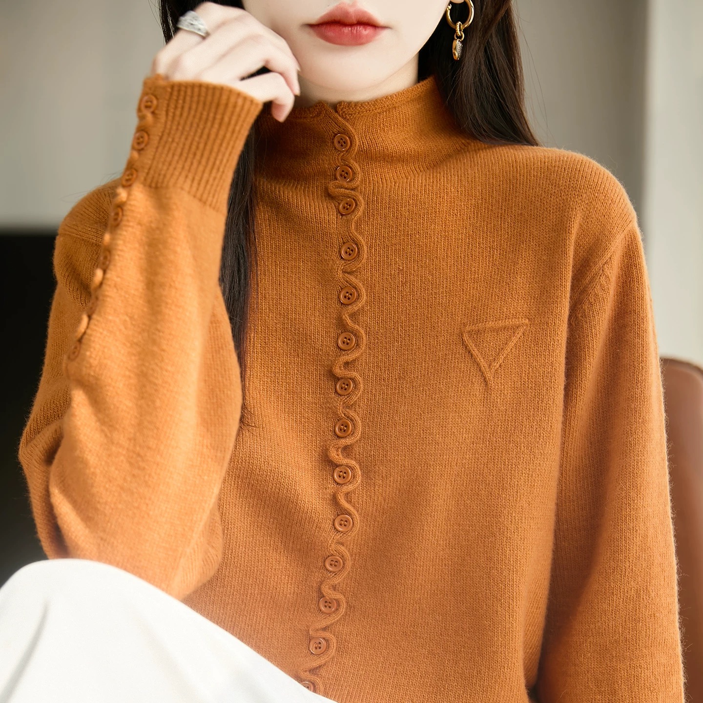 欧货气质针织开衫女毛衣外套气质单排扣宽松上衣