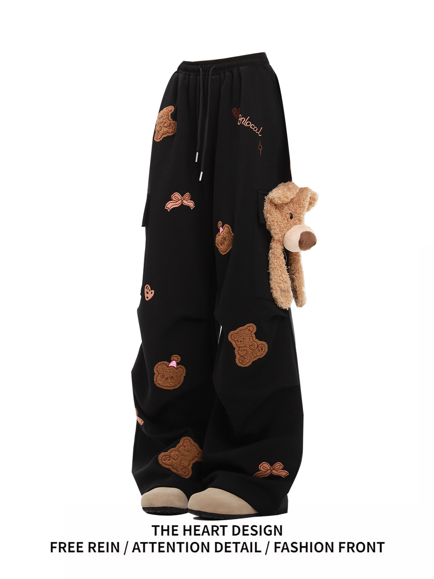 美式复古小熊刺绣运动卫裤女夏季休闲裤多口袋褶皱工装阔腿裤子潮