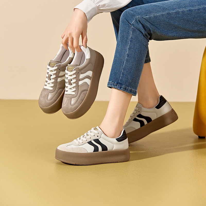 卓家2025春秋厚底休闲板鞋复古增高系带德迅板鞋圆头单鞋3621