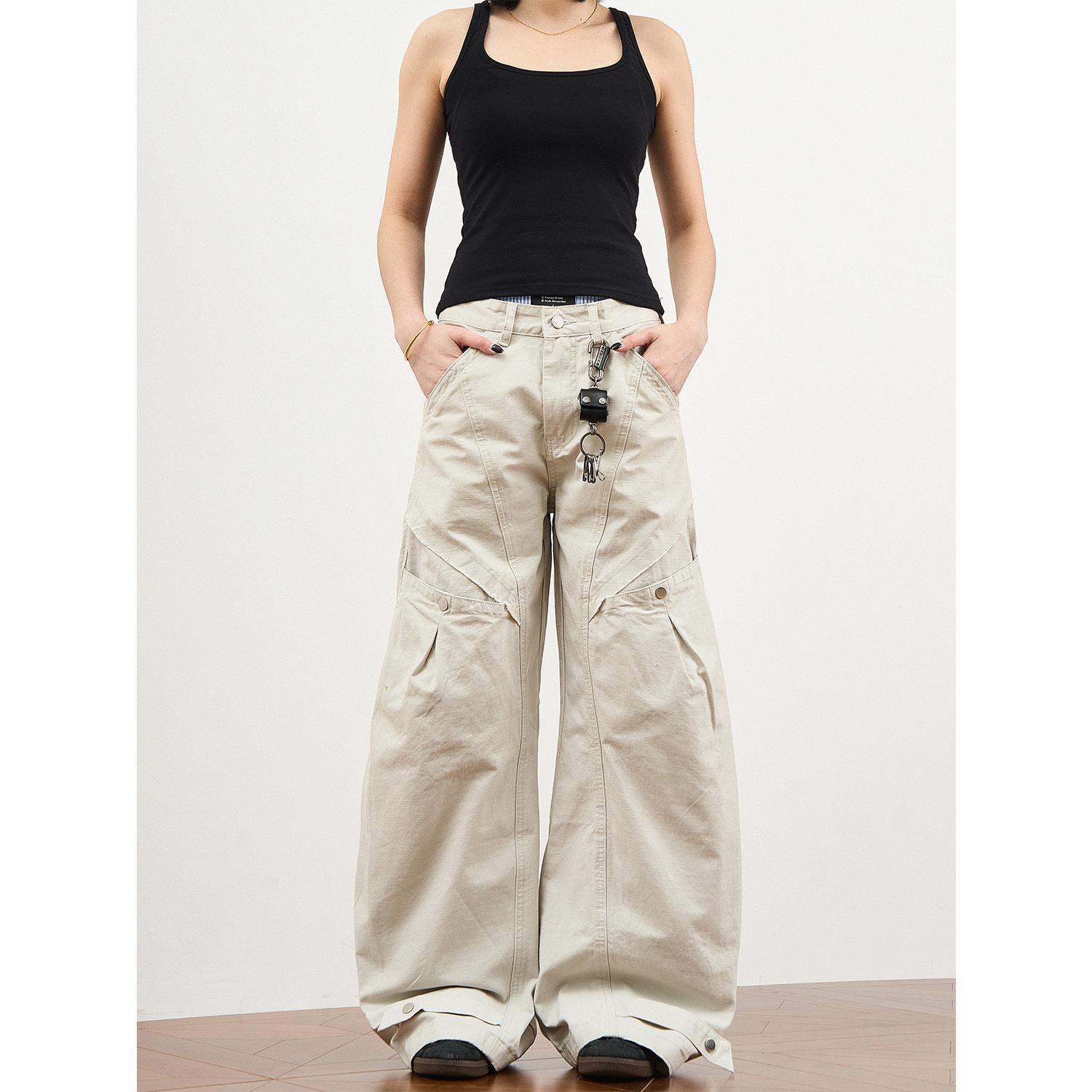 RETEL美式复古高级感白色多口袋工装裤男女直筒阔腿休闲弯刀裤子