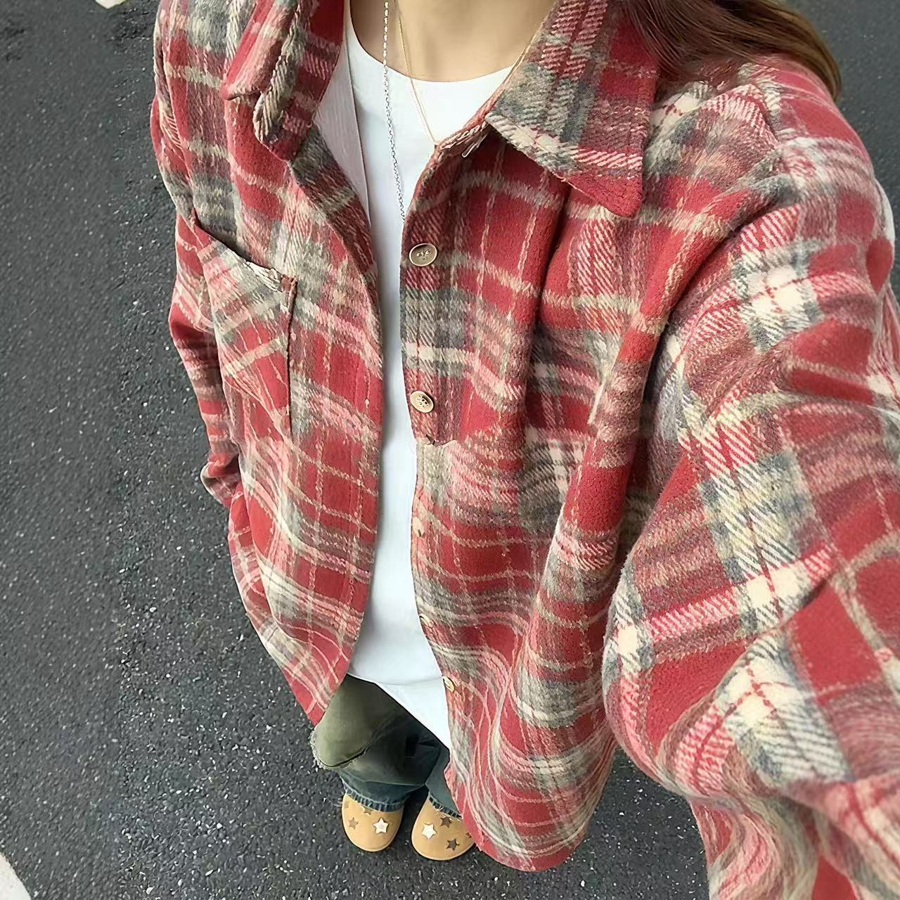 ins复古格子格纹秋冬长袖对襟衬衫男常规加厚秋冬款港风韩版宽松