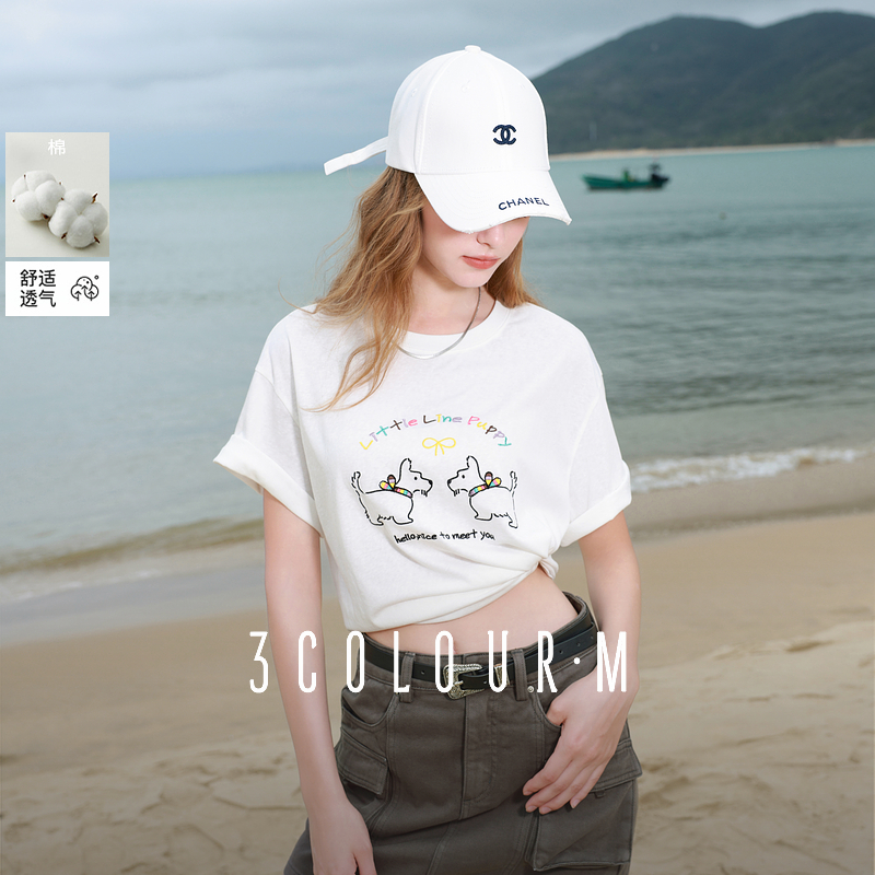 0074三彩2025夏季新款小狗刺绣T恤雪花棉短袖圆领宽松套头衫dbq