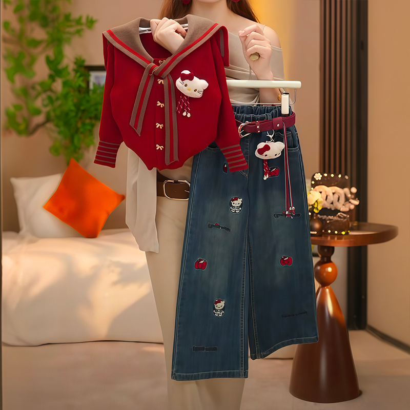 女童KT猫套装春秋季2025新款儿童毛衣外套女孩秋装牛仔裤两件套