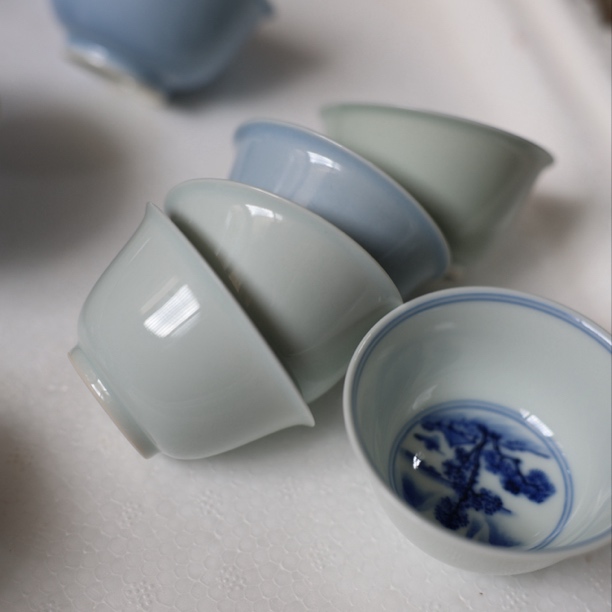 平生一盏柴窑青花山水杯豆青山水杯主人杯喝茶杯柴窑山水茶具
