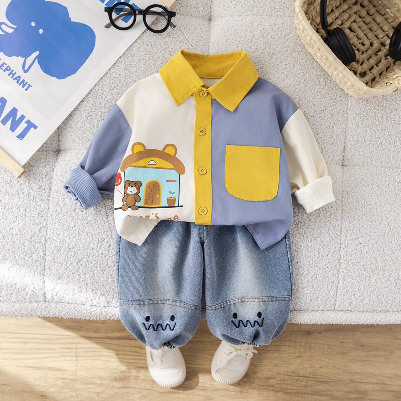 秋季男童长袖衬衫套装纯棉长袖牛仔长裤卡通图案休闲风儿童套装