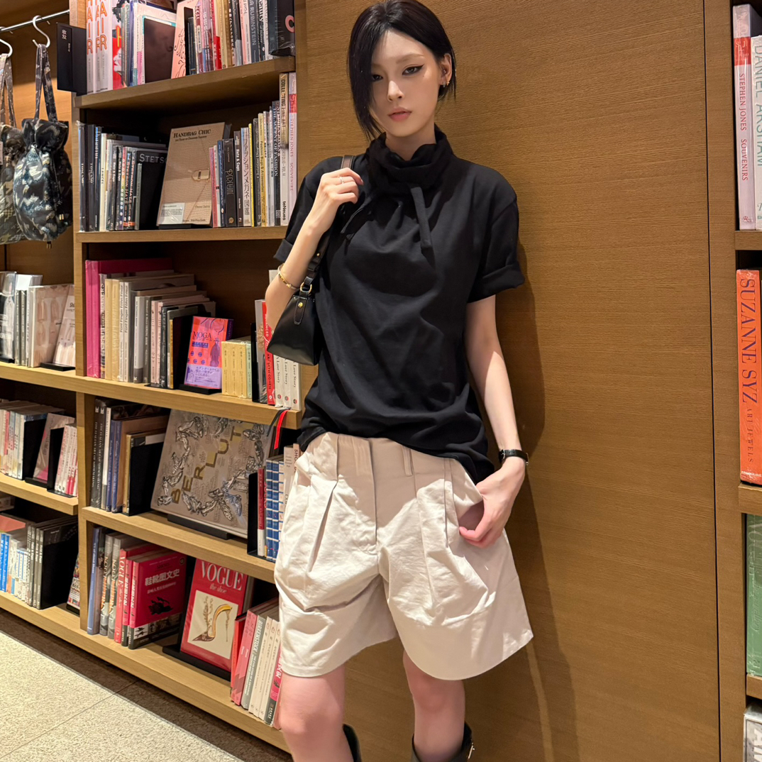 枳茶Studio LEM风围巾领宽松短袖T恤女新款简约休闲百搭上衣