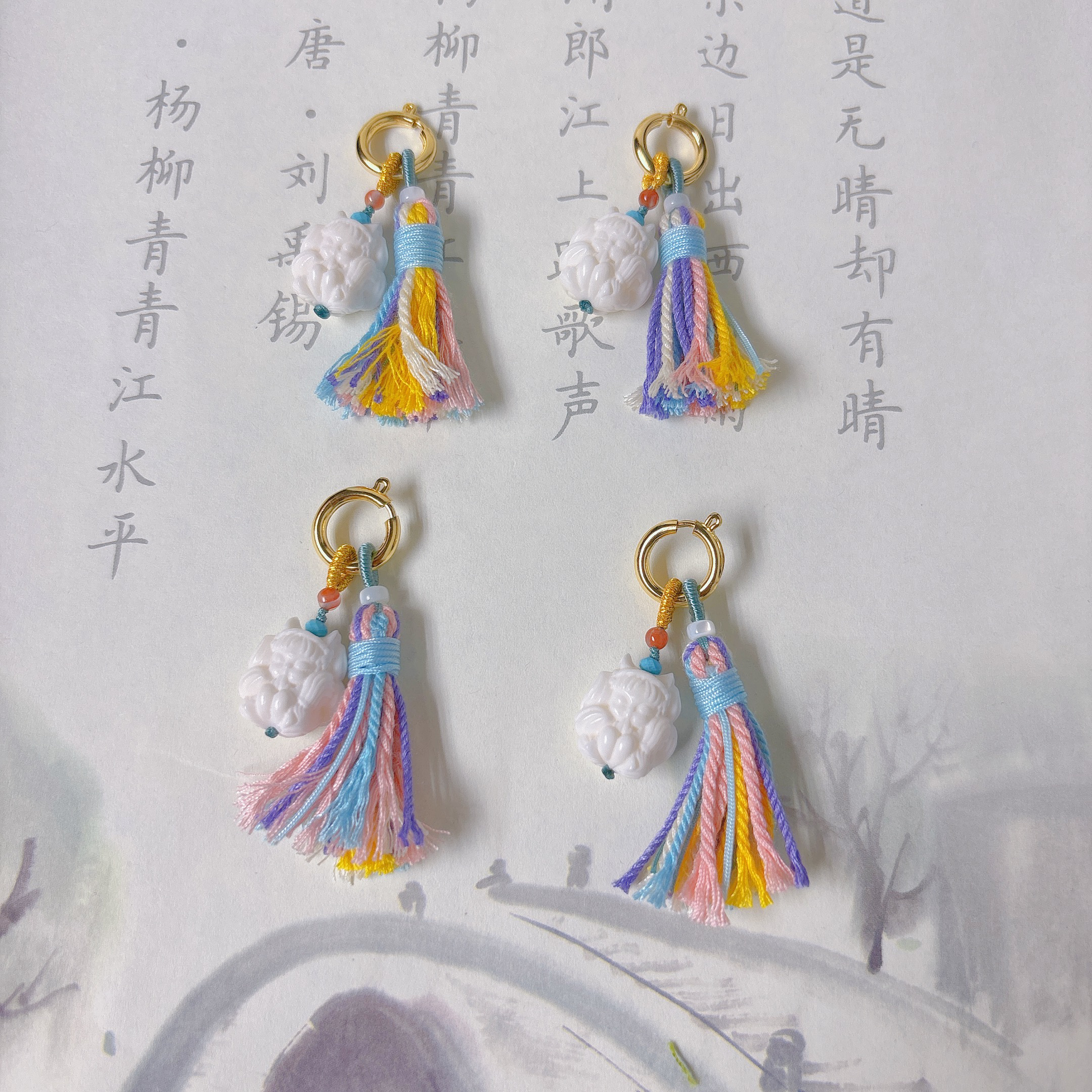 原创天然驼骨九尾狐小滴溜配手搓棉线流苏凤九手链项链万能扣挂件