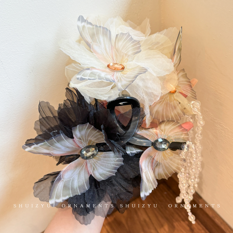 韩版蝴蝶抓夹女仙气珍珠流苏发夹后脑勺盘发发卡气质百搭夹子头饰