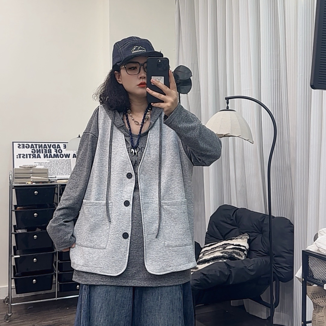 哆唛85628款大V领无袖单排扣大口袋宽松秋季新款欧韩时尚休闲马甲