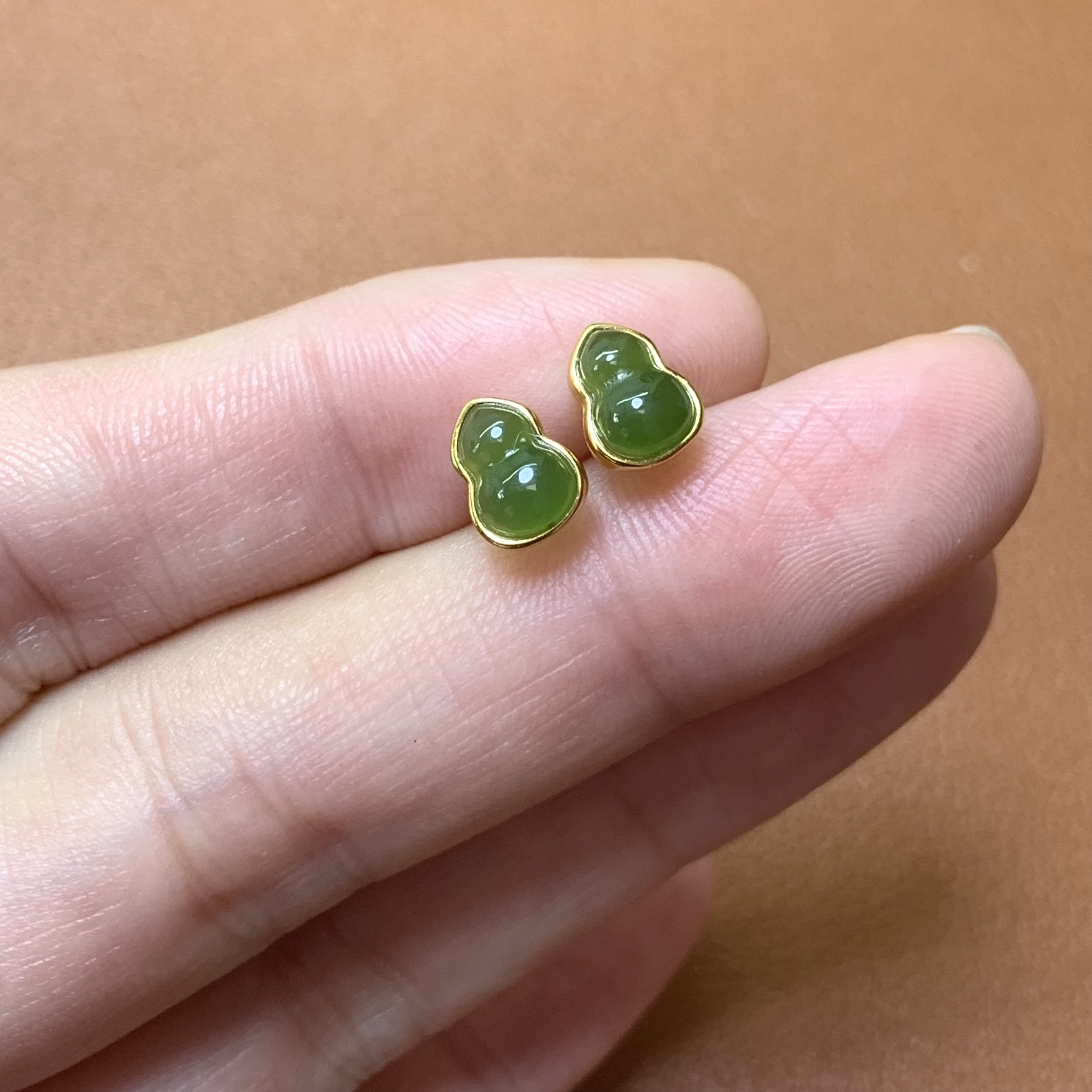 和田玉碧玉葫芦耳钉银镀金镶嵌复古简约时尚百搭女款