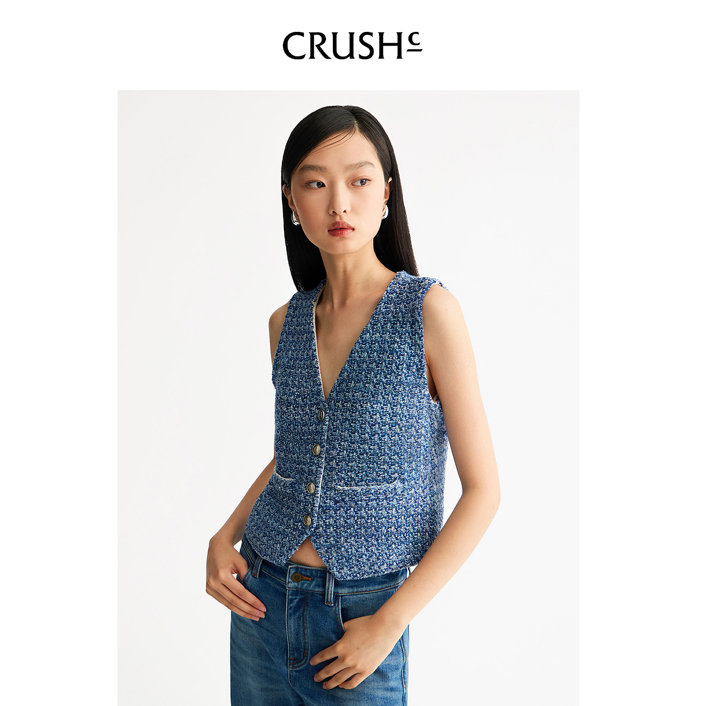 Crush Collection2025年早秋新款多彩珠片经典花呢V领小香风马甲
