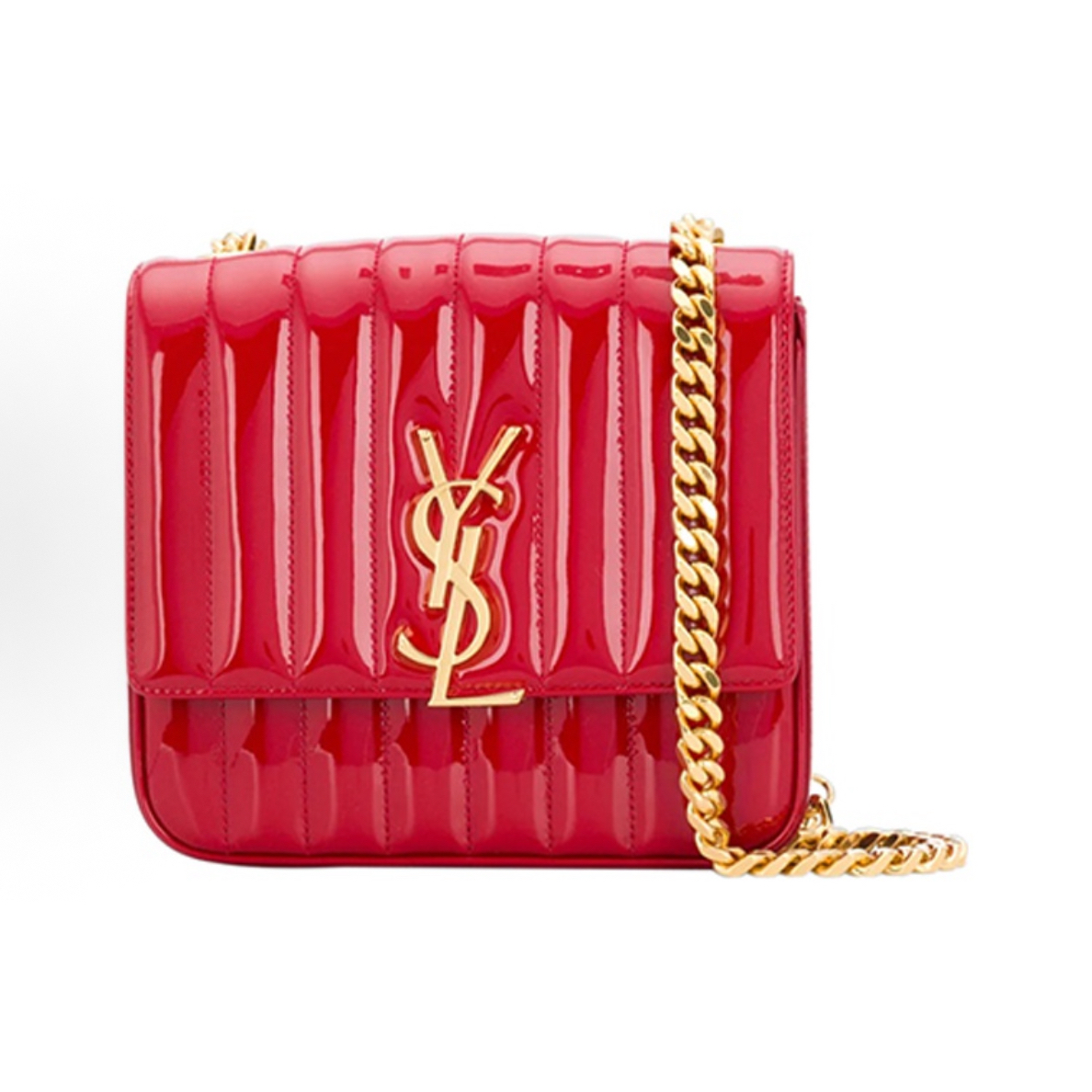 99新 YSL/圣罗兰 Vicky 金标Logo链条 绗缝漆皮单肩斜挎包