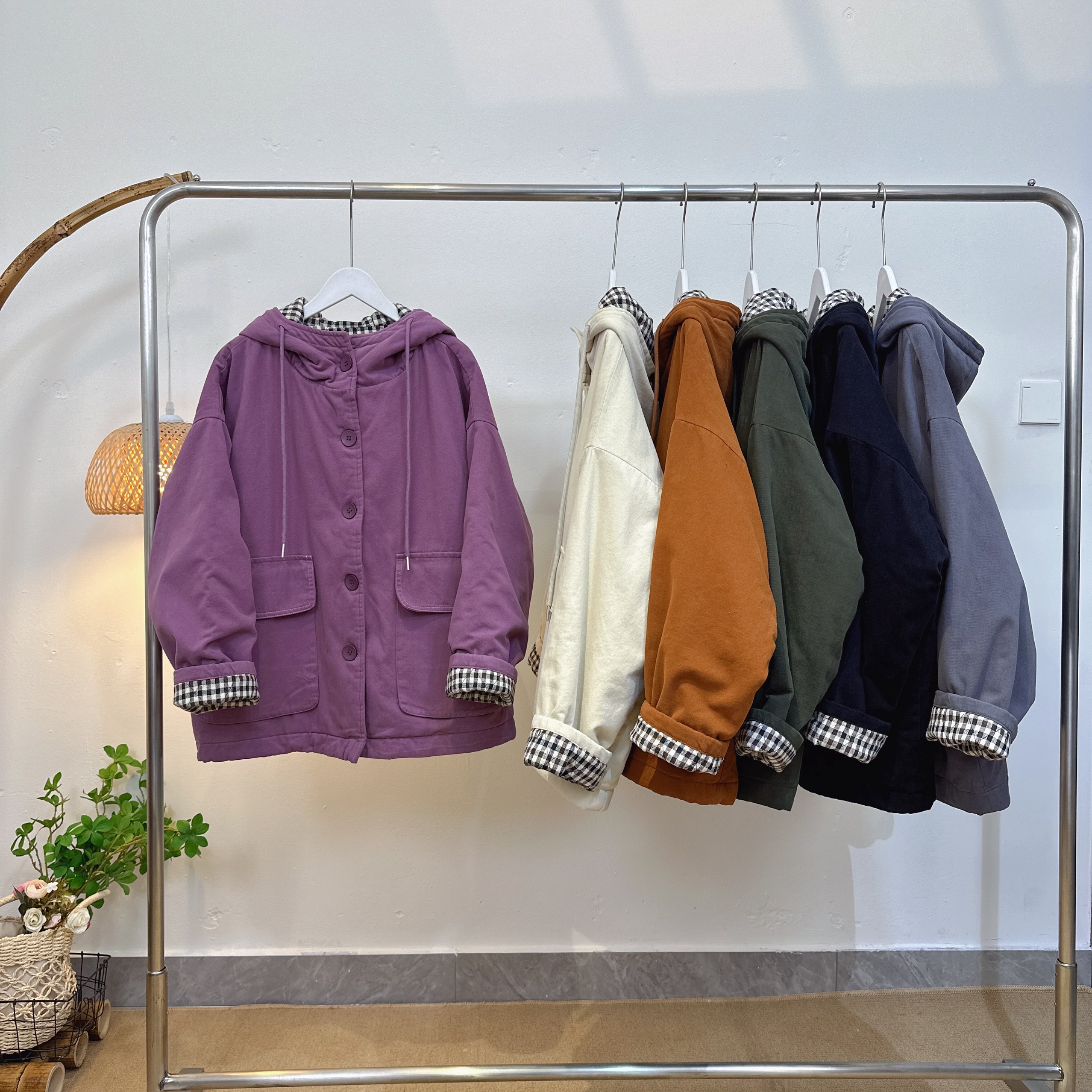 日韩系宽松大版冬季新款全棉连帽棉衣厚款夹棉双口袋拼色棉服