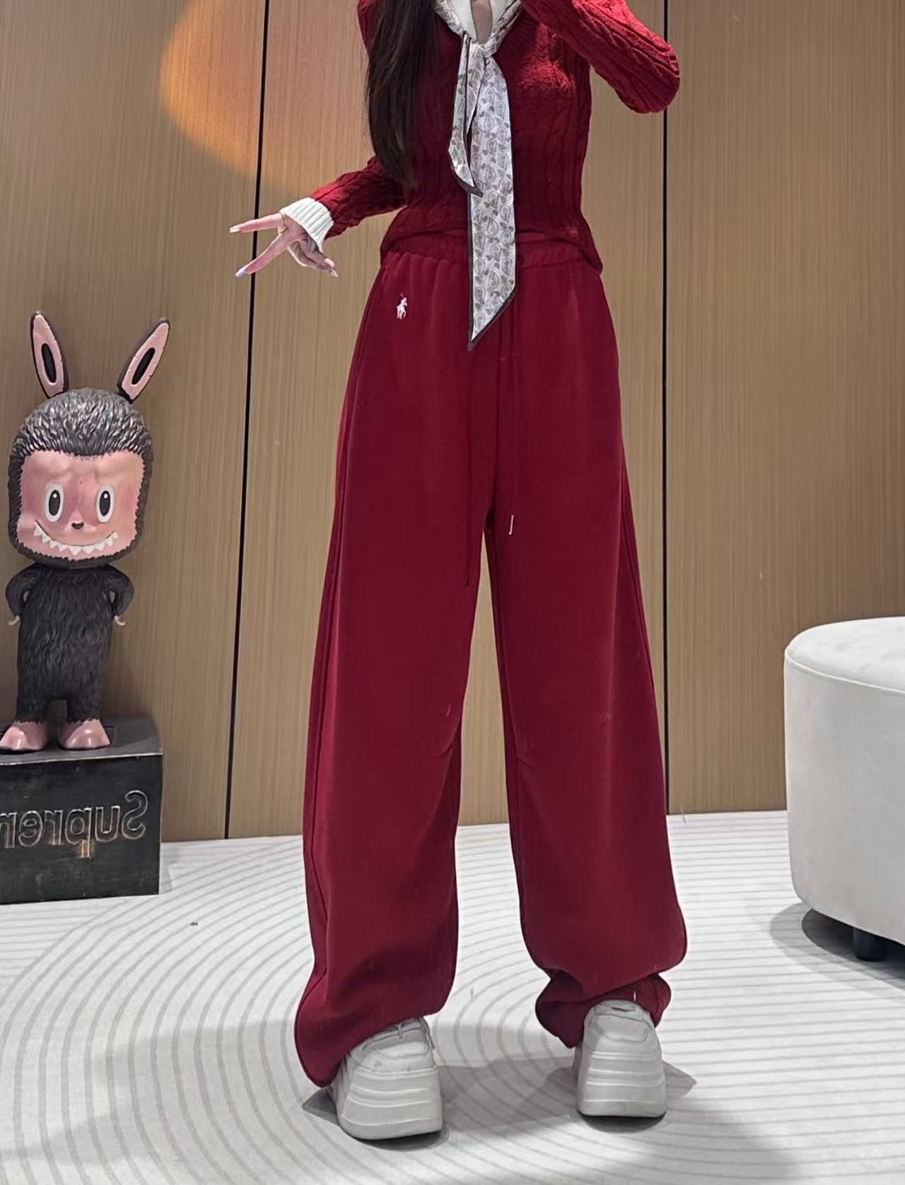 XX66819 加绒刺绣休闲裤 冬季休闲百搭高腰显瘦阔腿宽松潮流长裤