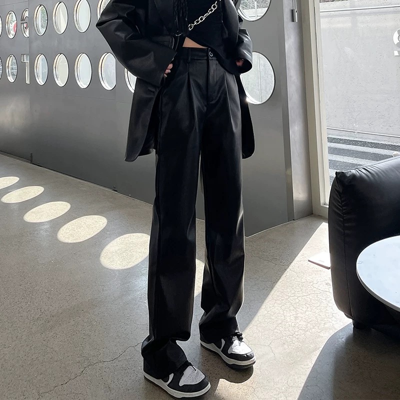 P3331皮裤女显高2025新款带口袋高腰直筒裤窄版阔腿裤