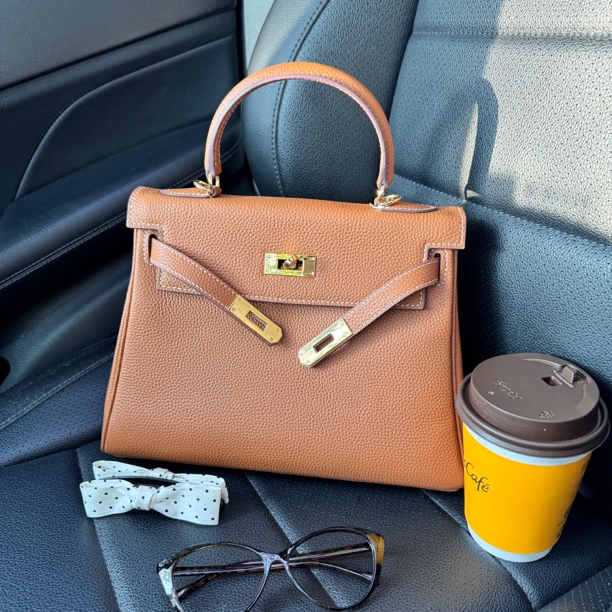 金棕色凯莉包真皮头层牛皮荔枝纹通勤女大容量斜挎包休闲轻奢百搭