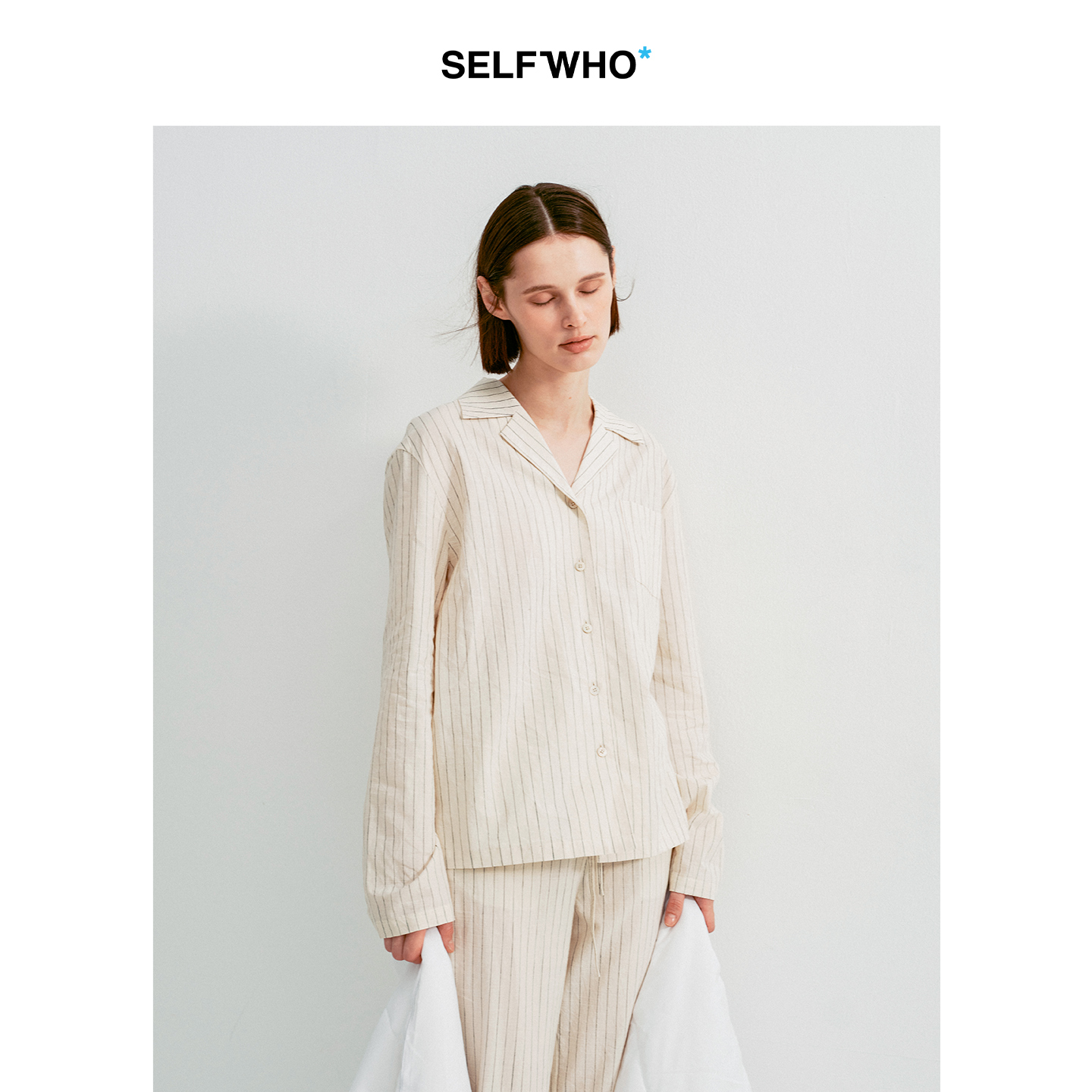 SELFWHO亚麻棉混纺浅卡其色条纹衬衫睡衣套装女2025冬新款家居服
