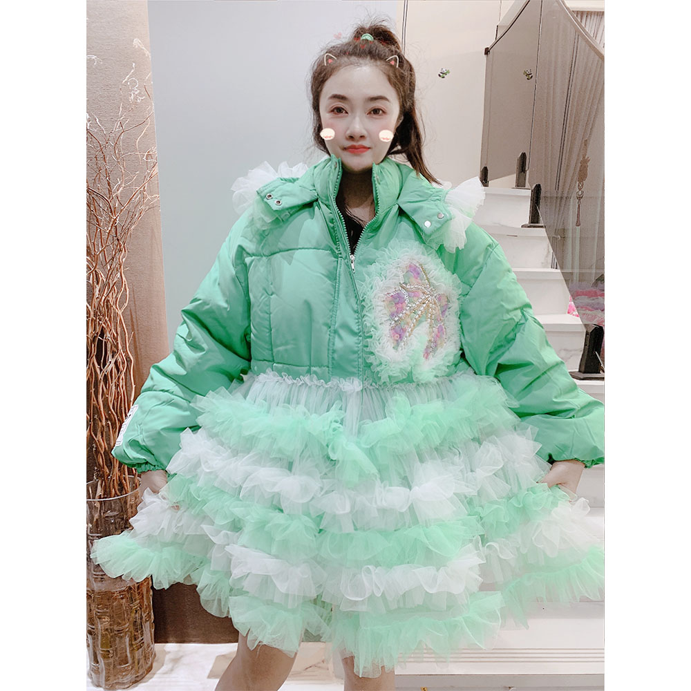 设计师定制潮牌蕾丝花边连帽拼接云朵网纱棉服外套女