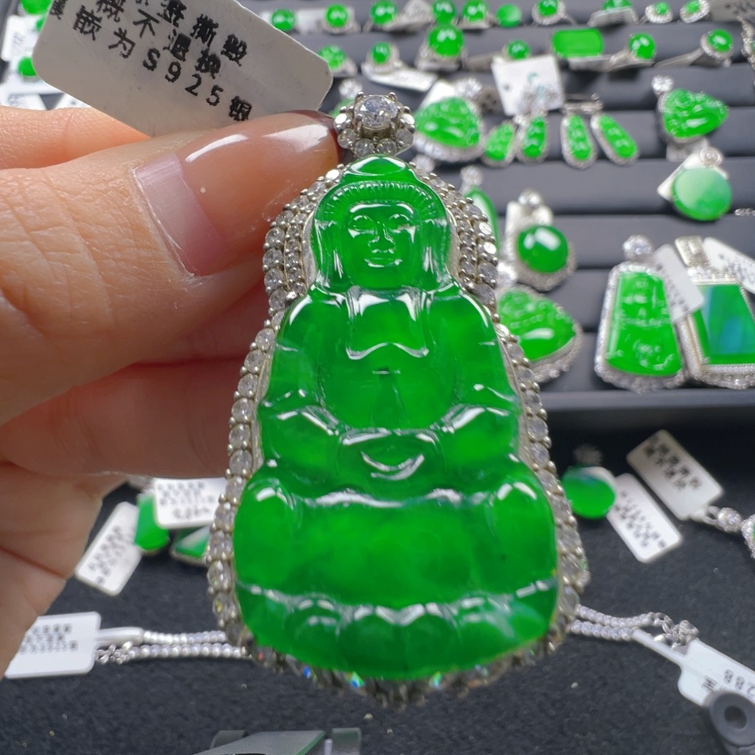 水***木翡翠银S925镶嵌颈饰观音