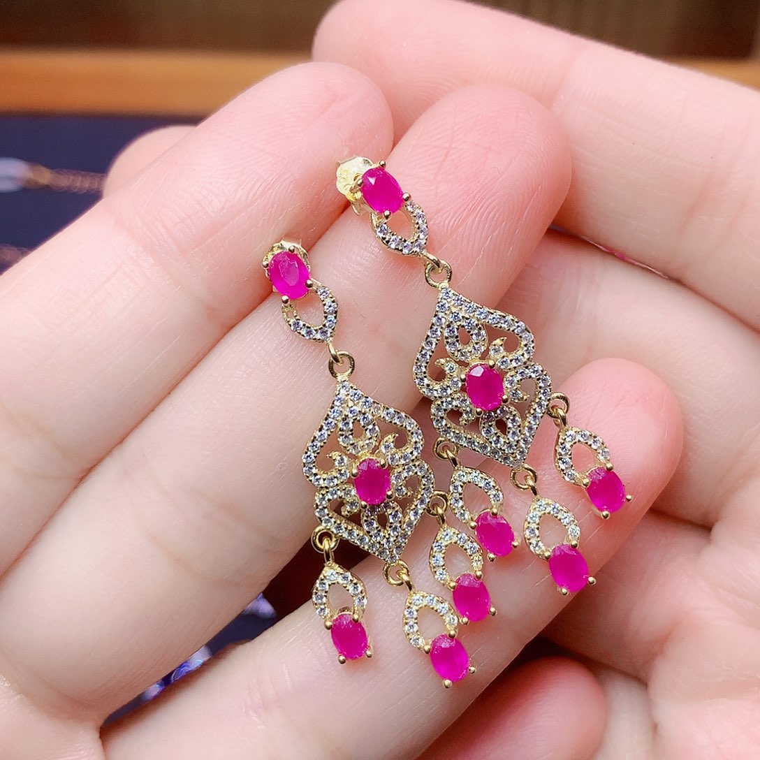 耳饰银S925镶嵌红宝石