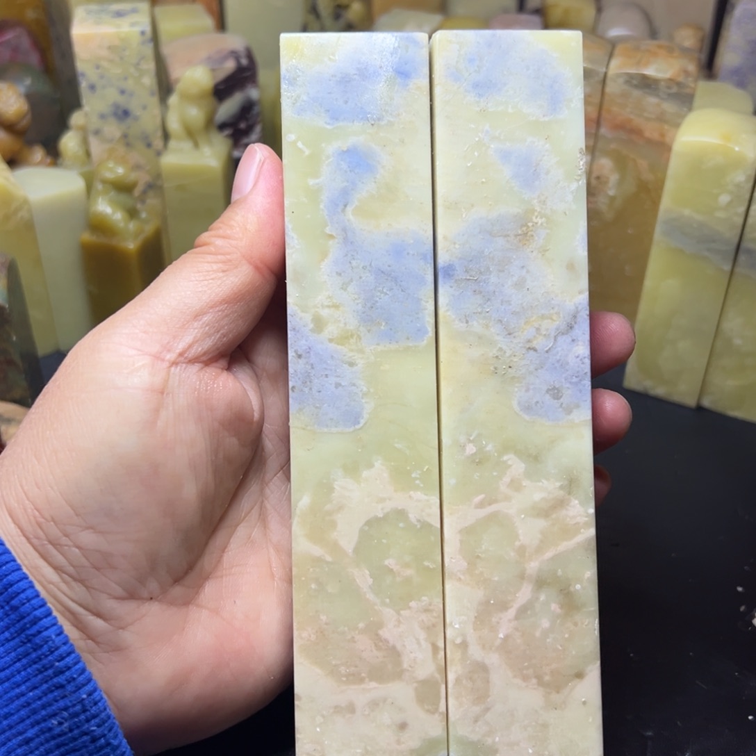 青田石青田蓝花大对子3*16