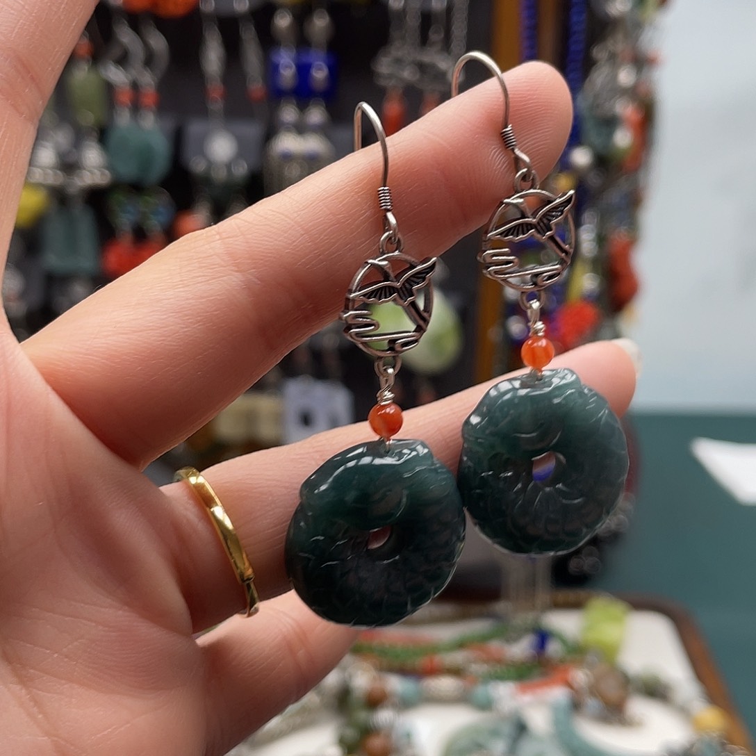 翡翠耳饰银S925镶嵌饰品