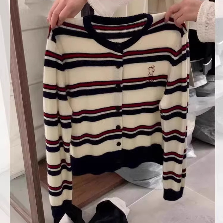 韩系撞色条纹刺绣小狗针织开衫女秋季慵懒风毛衣外套小众百搭上衣