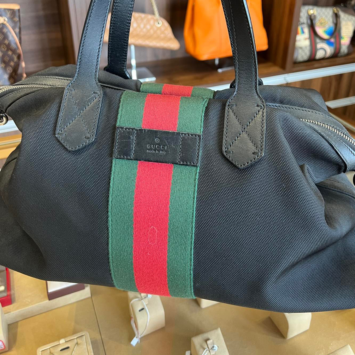 95新 GUCCI/古驰 黑色尼龙帆布托特包 8006