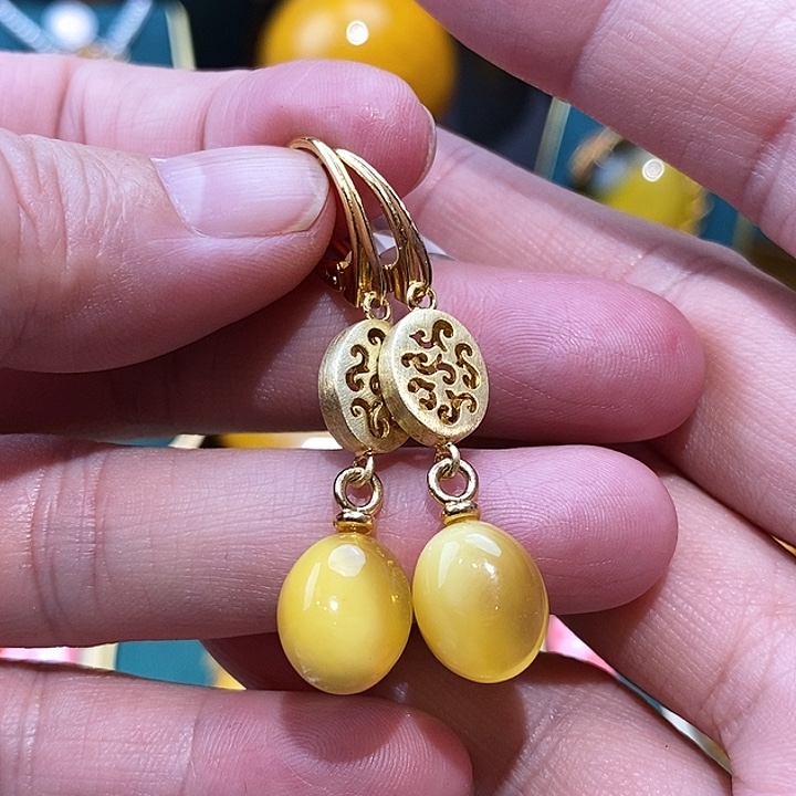 蜜蜡耳饰银S925镀金镶嵌