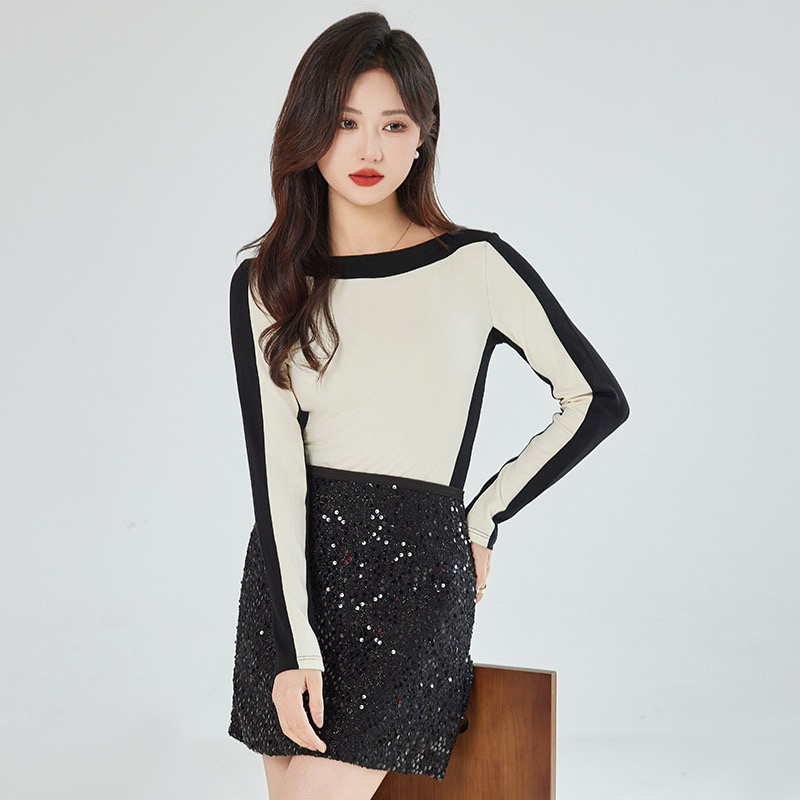 2025修身常规长袖拼接拼色圆领T恤秋冬气质女士秋季时尚气质减龄