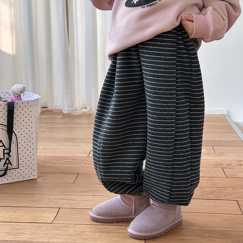 【新款】秋冬加绒儿童收口裤女童保暖加厚日常时髦条纹卫裤25H013