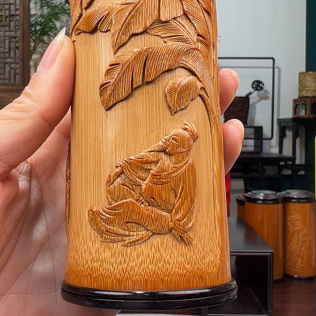 竹放鹤图茶叶罐竹