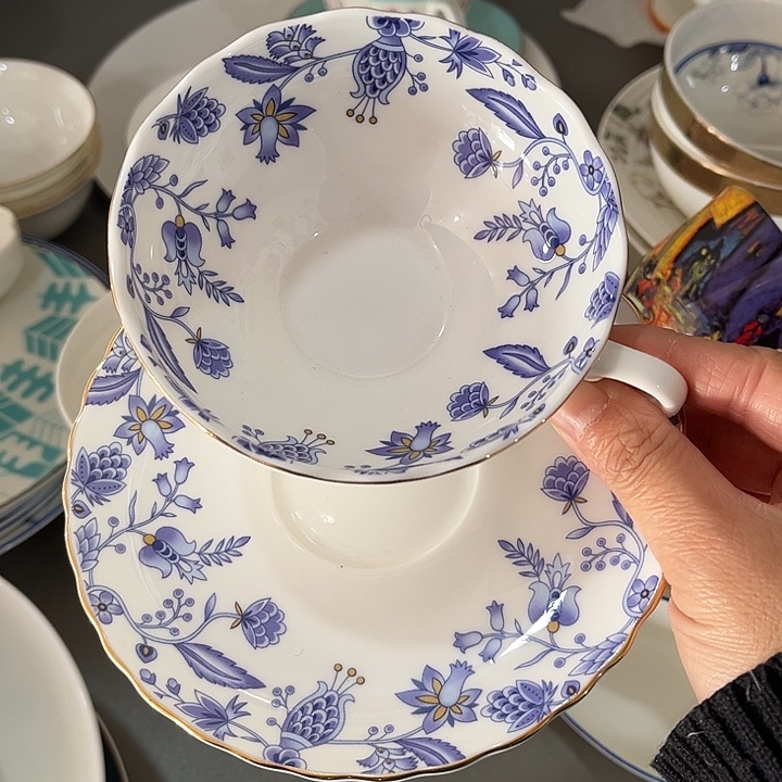 瓷片骨瓷青花荷口杯碟一套