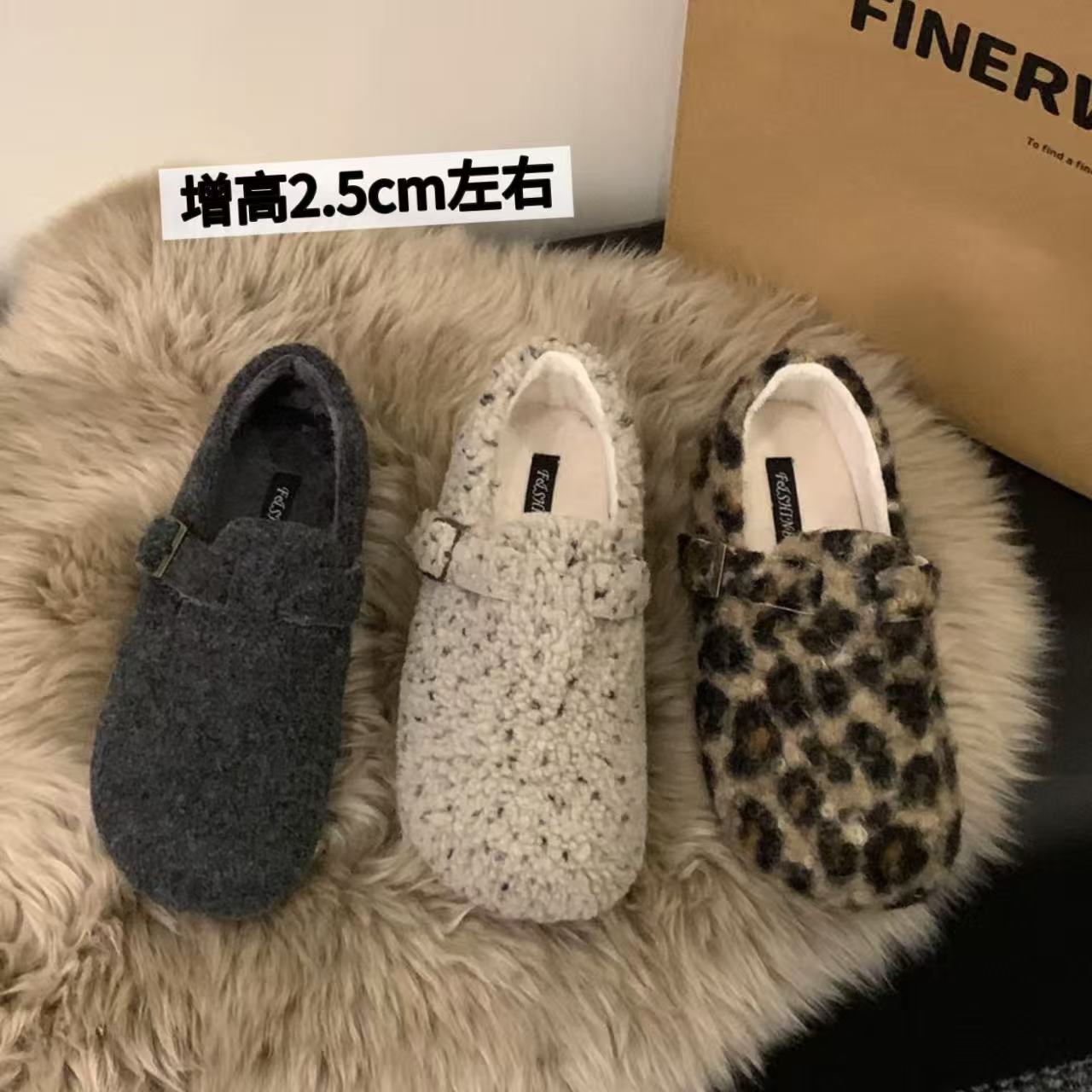 复古圆头毛毡加绒勃肯鞋女加绒秋冬季一脚蹬保暖棉鞋内增高乐福鞋