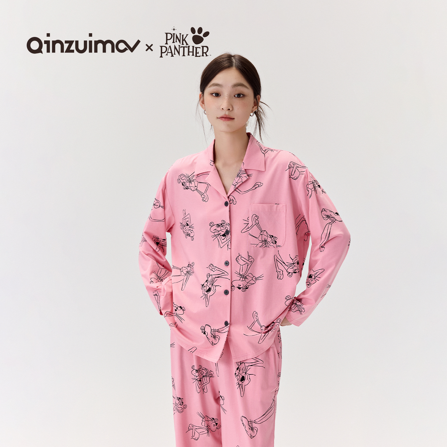 亲嘴猫X粉红豹联名长袖少女睡衣家居服套装女宽松C53603翻领