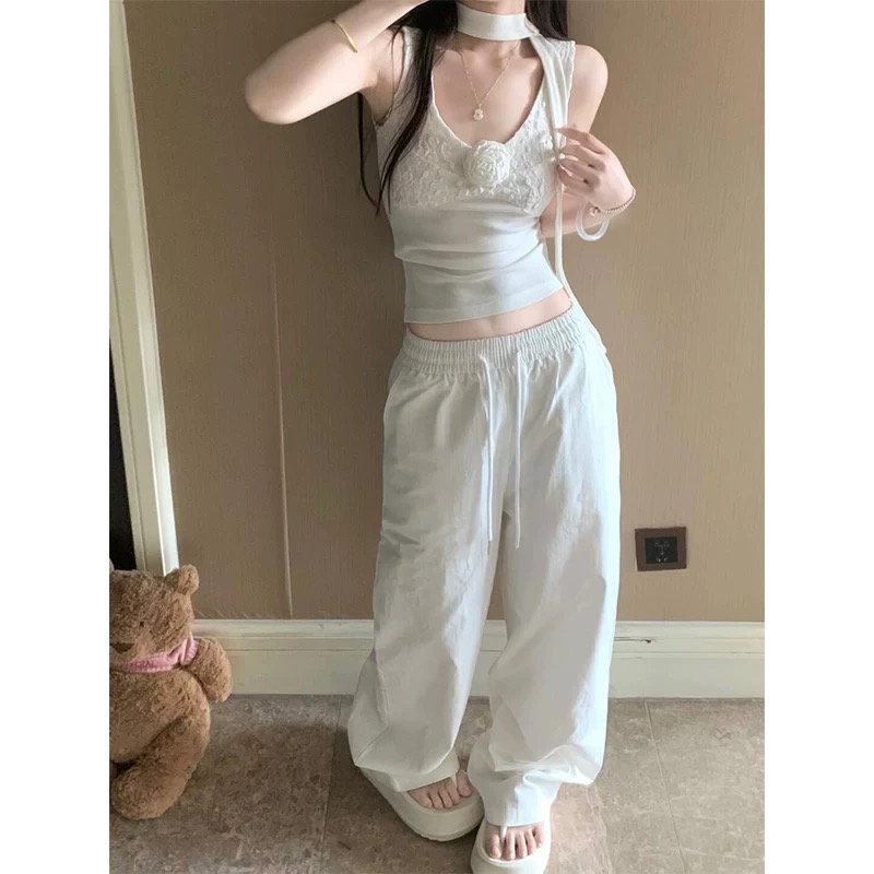 白色甜辣风背心女夏季立体花朵设计感吊带