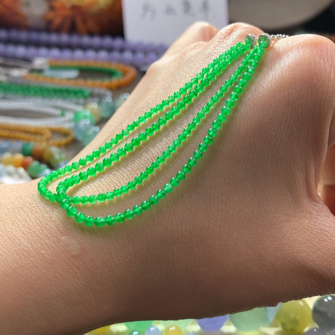 翡翠手链未镶嵌玻璃艳阳绿半珠链卡2