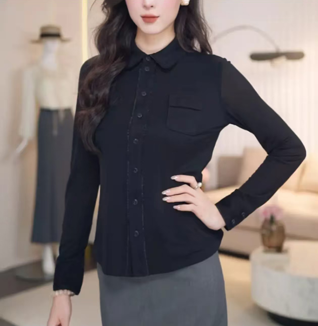 【商场同款】2026春季新款舒适百搭小香风薄款长袖纱衣衬衫女130116