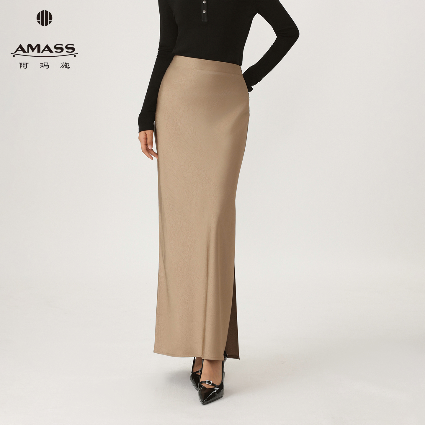 AMASS/阿玛施夏季百搭修身优雅中长裙侧边开叉时尚高腰半裙520026