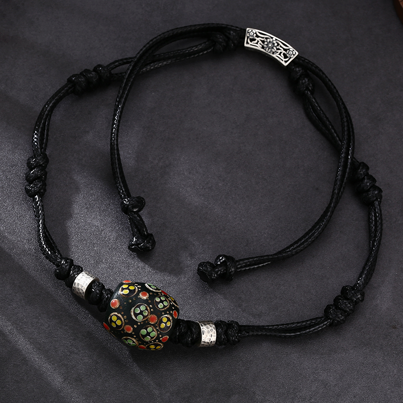 链子925银锆石 「添彩雨墨」黑绳手工多彩印花桶珠项链