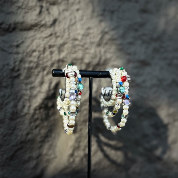 铜合金仿珍珠耳饰 8107琉璃珠耳环撞色耳钉耳饰气质百搭