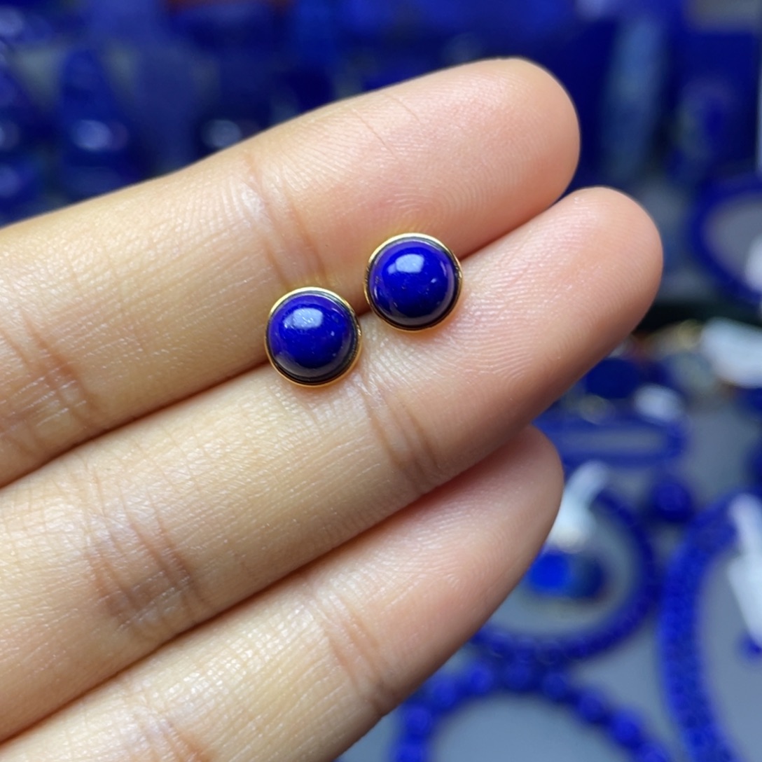 青金石银S925镀金镶嵌7mm耳饰