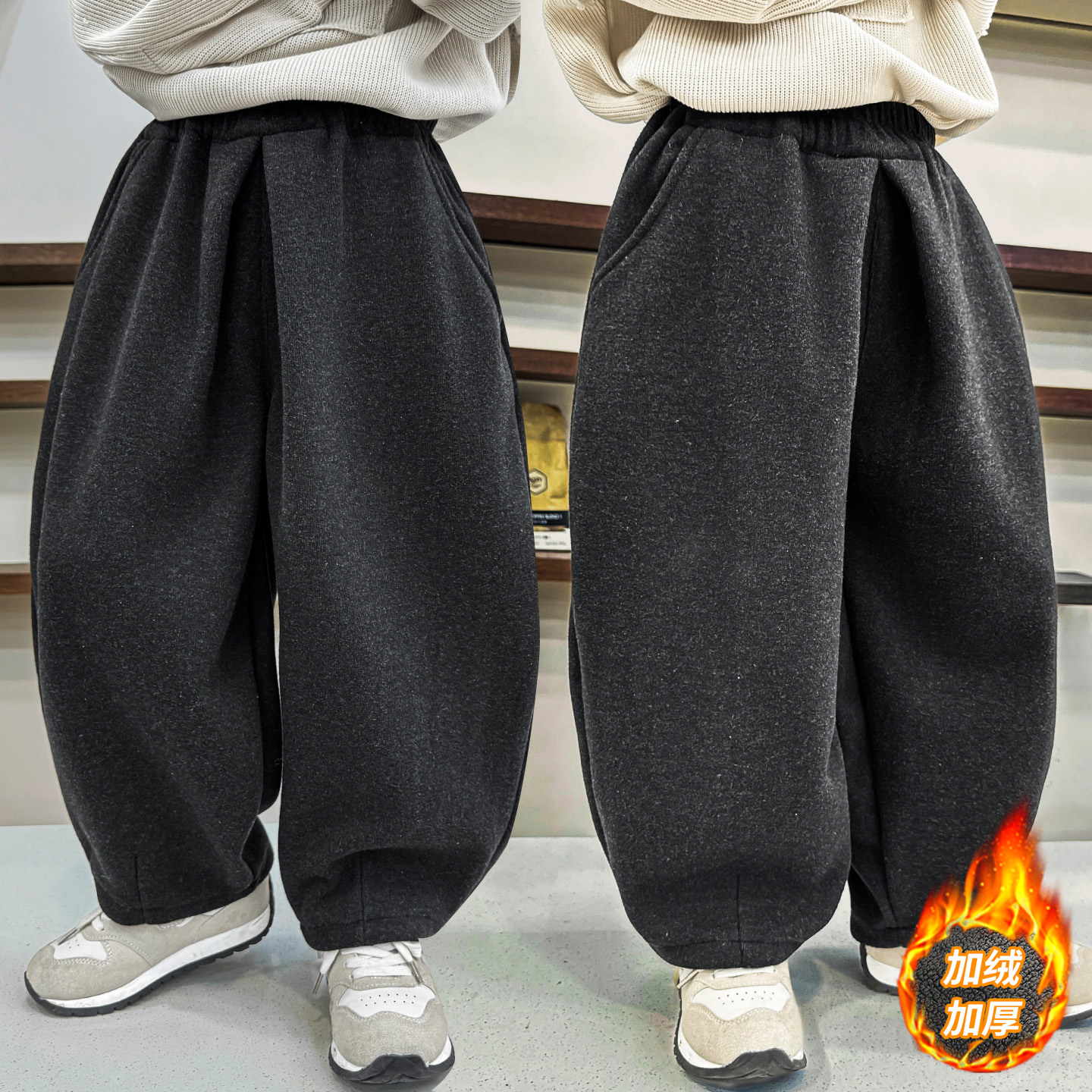 童装男童加绒裤子秋冬款中小童弯刀裤冬装2025新款宽松加厚休闲裤