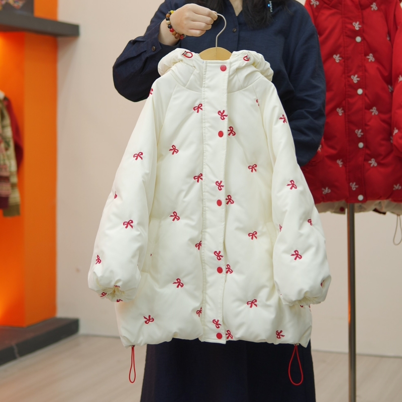 亲子装蝴蝶结刺绣小女孩棉服外套2025秋冬加厚中长款女童羽绒棉服