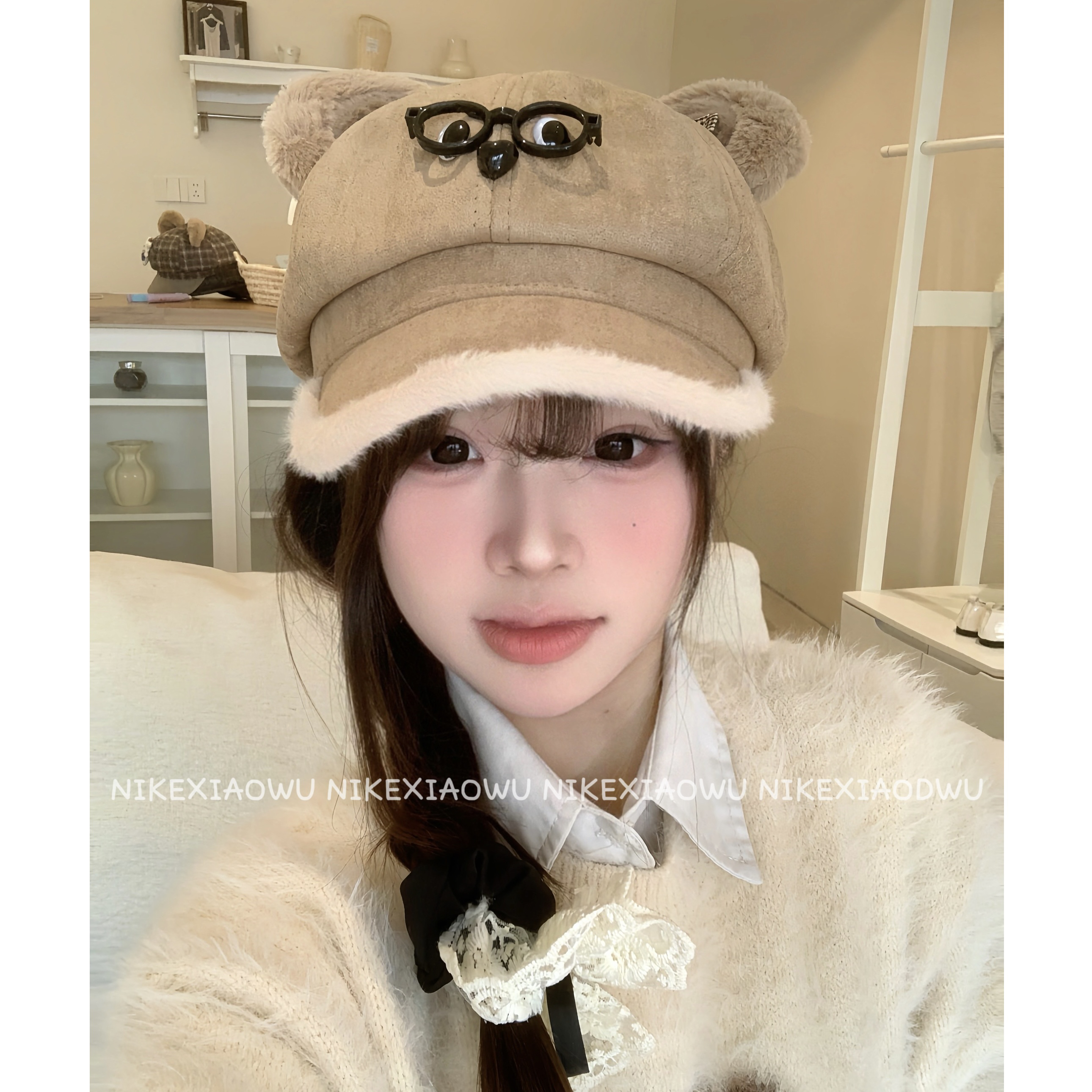 妮可家-眼镜小熊贝雷帽女秋冬百搭显脸小八角帽复小众古画家帽子