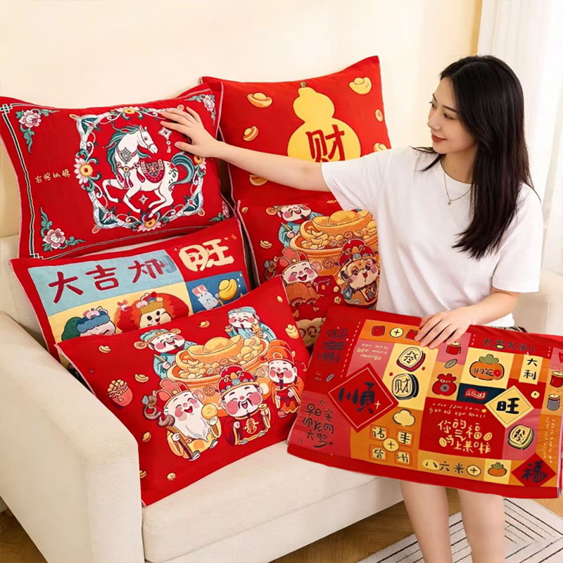 八层纯棉纱布枕巾一对装2026新年款喜庆枕巾马年防滑全棉枕头盖巾