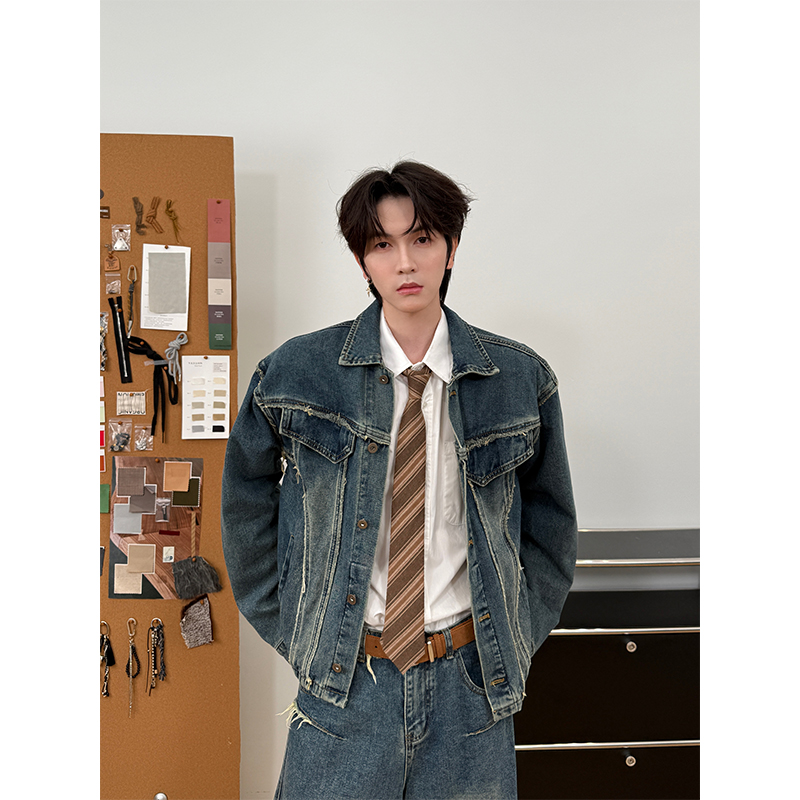 复古美式裁剪毛边设计感秋冬重工水洗牛仔裤夹克休闲宽松套装