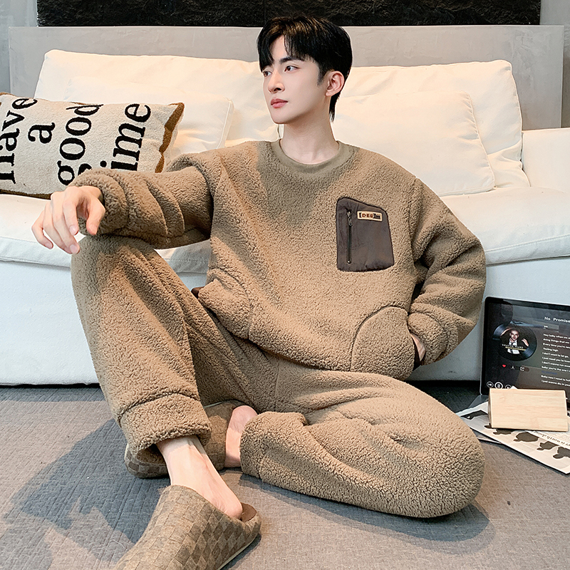【抗静电】秋冬季青少年高档男士加绒加厚保暖珊瑚绒长袖羊羔绒睡衣