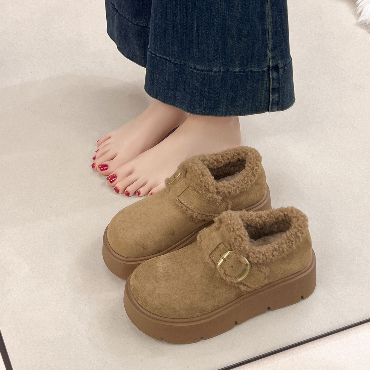 小个子肯鞋女大棉厚绒2025年秋冬新款厚底一脚蹬博肯鞋防滑雪地靴